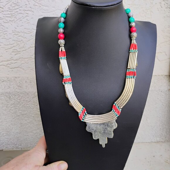 Handcrafted Tibetan Silver Collar Necklace w/Inlay Turquoise & Coral and Beads - Picture 3 of 8